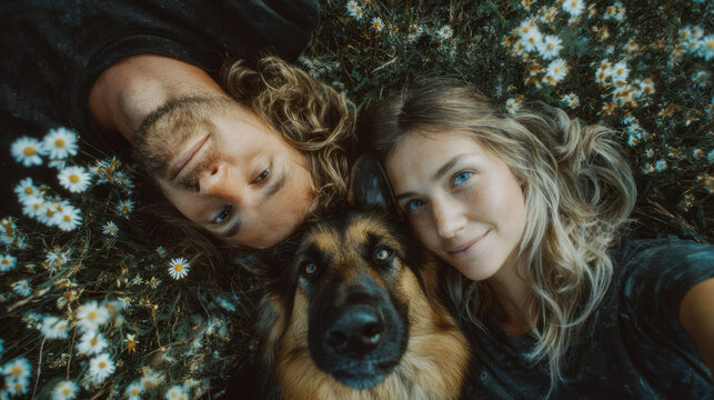 Hiker woman man dog german shepherd couple meadow wildflower daisy grass happy hiker woman man dog german shepherd couple meadow wildflower daisy