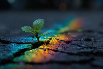 Fototapeta premium Green seedling cracked pavement rainbow light seedling pavement crack green plant growth rainbow light reflection hope resilience concept nature