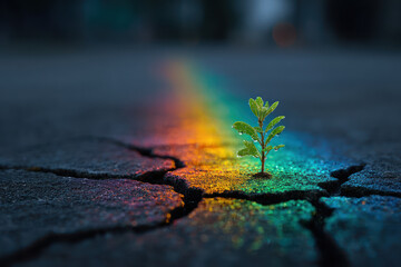 Fototapeta premium Green seedling cracked pavement growth rainbow light hope resilience nature urban regeneration sustainable future overcoming challenge