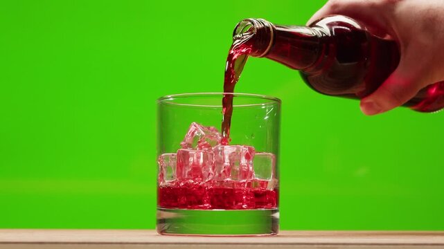 Vermouth Negroni, spanish wine drink, Alcoholic Americano Cocktail bitter, sweet vermouth and soda water, close up of making drink, summer spanish vacations. 