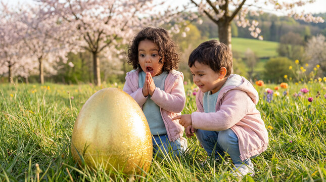 Happy Easter family gathering with cheerful children celebrating spring holiday for marketing materials and editorials