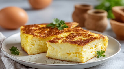 Fluffy egg omelet slice served on plate for breakfast