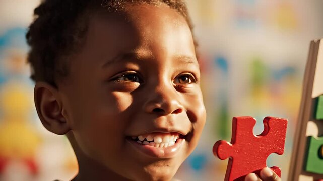 Happy african american child holding a red puzzle piece and smiling in bright sunlight for autism awareness and childhood development concept with educational play