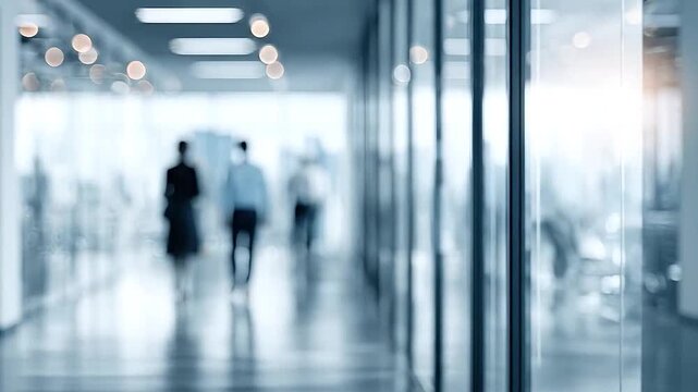Blurred silhouettes of business people walking in a modern office.
