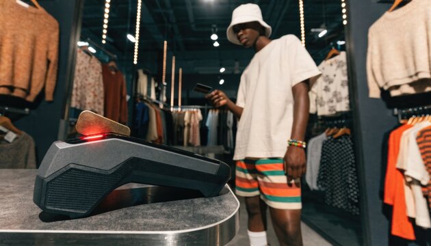 Payment terminal with declined warning in sharp focus while shopper glances at card surrounded by racks of clothing inside modern store.