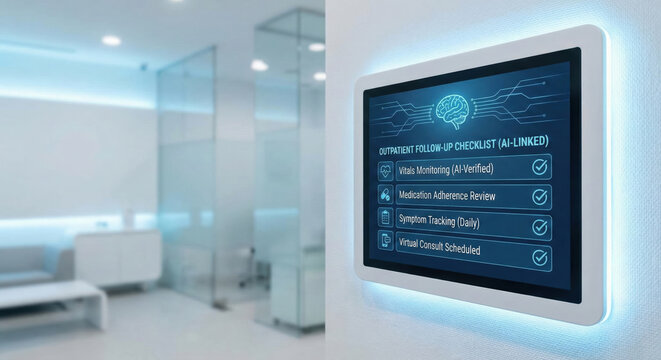 Healthcare checklist screen agi for clinic follow up care interface in modern hospital hallway futuristic calm mood