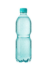 Naklejka premium Flawless aquamarine plastic bottle of sparkling mineral water with condensation on a transparent background with copy space. Concept for beverage advertising