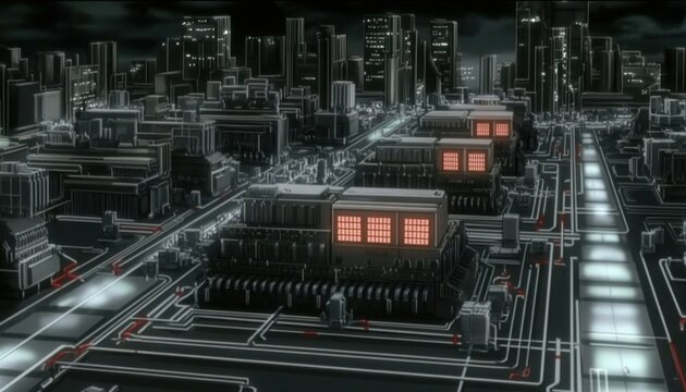 미래 지향적인 사이버펑크 스타일의 도시 전경을 담은 디지털 아트워크로 정교한 컴퓨터 메인보드 회로 기판과 빛나는 주황색 조명이 조화를 이루는 어두운 밤의 고층 빌딩 숲 풍경을 묘사한 3D 렌더링 이미지