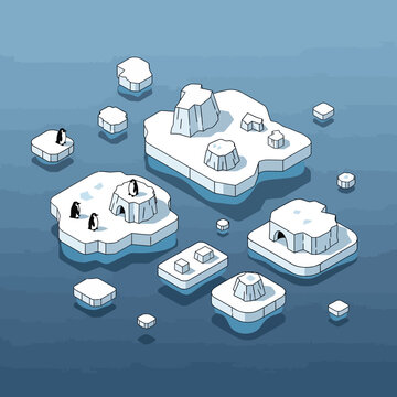 Isometric illustration of icebergs floating in the ocean, with penguins and igloos.