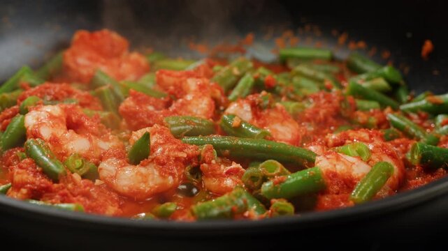 Stir-fried green beans peas with shrimp with red curry thai food. 