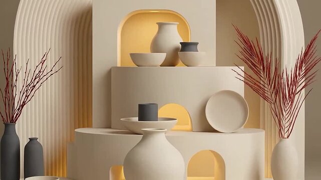 Elegant ceramic tableware and decorative elements on a beige display