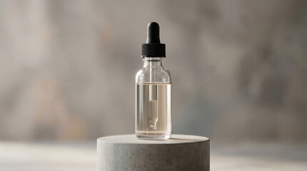 Glass dropper bottle with clear liquid on a pedestal against a muted background