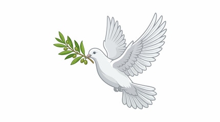 Obraz premium A white dove flies with an olive branch in its beak outdoors.