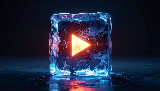 Glowing play button inside ice cube, symbolic visualization representing frozen media, paused digital content, and futuristic design.