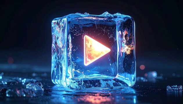 Glowing play button inside ice cube, symbolic visualization representing frozen media, paused digital content, and futuristic design.