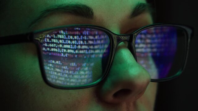 AI code on eyeglass glass, reflection on woman developer eyeglasses, working in dark office, tired busy people, depression on work, haker or it engineer with laptop, stocks markets. 