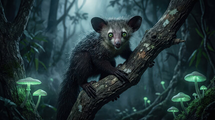 Fototapeta premium Rare aye-aye lemur clinging to mossy tree branch in enchanted forest isolated on transparent background