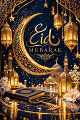 Obraz premium Eid Mubarak Islamic Celebration with Lanterns Quran and Crescent