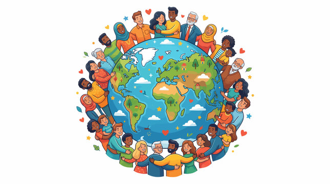 A diverse group of people surround a globe with flags and colors on earth