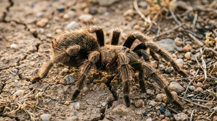 Large hairy tarantula spider walking on dry ground isolated on transparent background