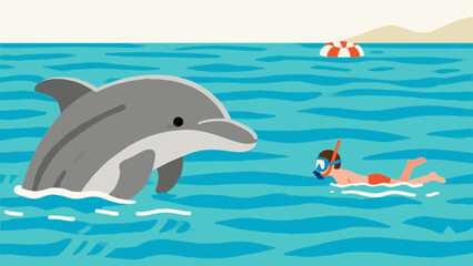 Fototapeta premium simple illustration. Simple illustration reminiscent of Scandinavia. summer vacation concept. sea. Snorkeling with do;phin