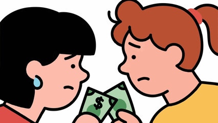 Fototapeta premium Line art, simple illustrations. A young couple facing difficulties. Money. Icon-style. Colorful.