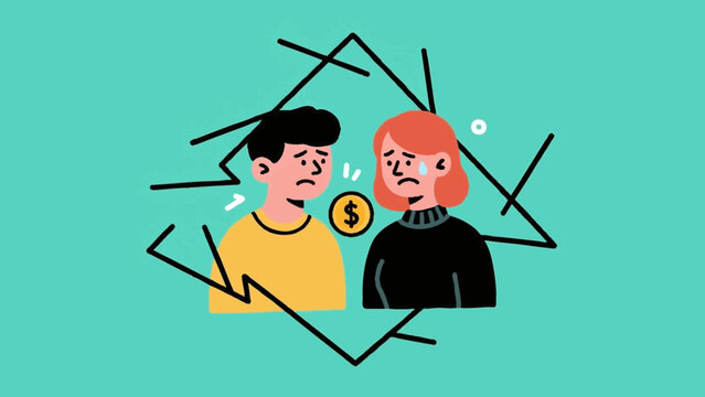 Line art, simple illustrations. A young couple facing difficulties. Money. Icon-style. Colorful.