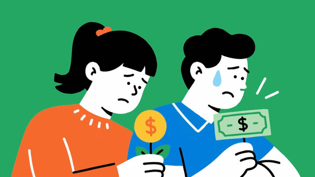 Line art, simple illustrations. A young couple facing difficulties. Money. Icon-style. Colorful.