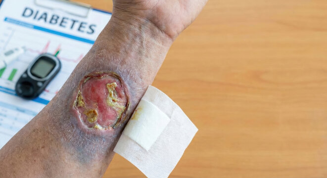 Diabetes foot ulcer complications infection risk on arm wound care bandage medical concern