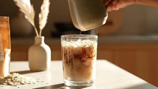 Pouring oat milk into a glass of steaming hot coffee in a sunlit kitchen, creating beautiful swirls, plant-based dairy-free morning beverage.
