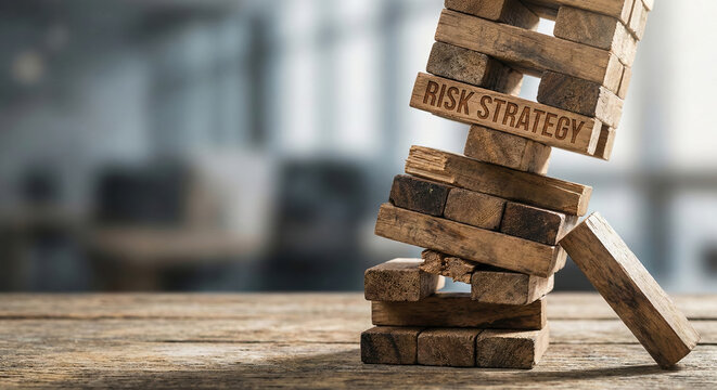 Risk strategy management concept with wooden block tower collapse on table in office background for business metaphor