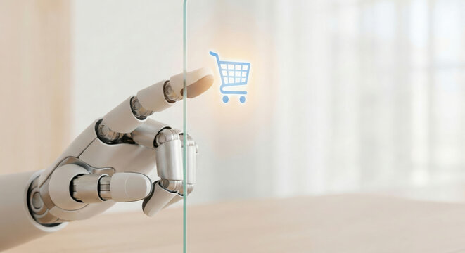 Ai digital marketing concept robot hand touch virtual shopping cart icon