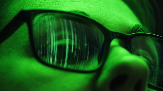 AI code on eyeglass glass, reflection on woman developer eyeglasses, working in dark office, tired busy people, depression on work, haker or it engineer with laptop, stocks markets. 