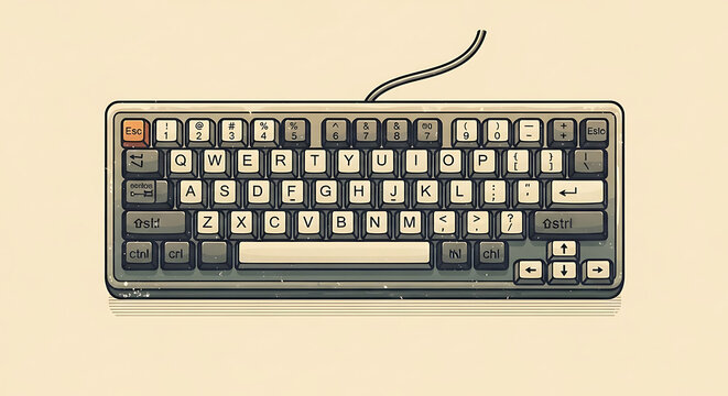 A detailed illustration of a compact computer keyboard with visible cable on a light background