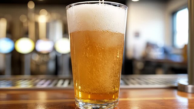 Golden Beer Pouring Into Glass With Frothy Head At Bar