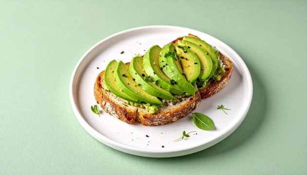 Minimal food photography showing avocado toast arranged on a white ceramic plate.
Creamy avocado slices are layered neatly on toasted artisan bread in a top-down composition.
Soft studio lighting high