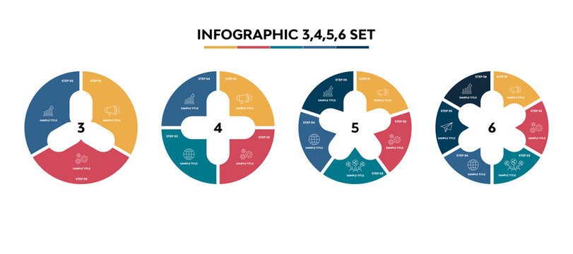 Vector circular infographic set. template for presentation business infographic, 3, 4, 5, 6, options steps parts. venn diagram sets. vector editable eps