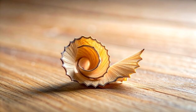 A minimalist still life showing a single curled pencil shaving resting on a wooden desk.
Soft spring daylight highlights the thin spiral wood texture against the natural grain surface.
Shallow depth o