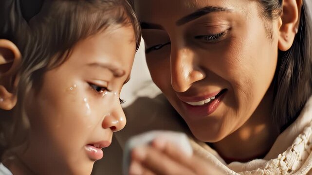 Mother Comforts Crying Child And Wipes Tears Gently