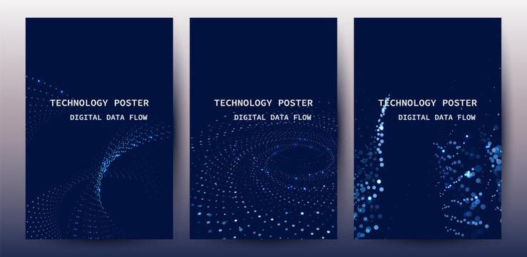 Technology Banner Poster set. Futuristic digital data wave glowing lines. Data science concept tech banner, corporate business presentation or booklet technology