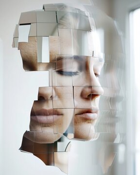 여러 개의 사각형 거울 조각으로 파편화된 여성의 얼굴 실루엣을 통해 인간의 복잡한 자아 정체성과 내면의 심리적 갈등을 초현실주의적인 예술 기법으로 섬세하게 표현한 추상적인 이미지입니다.