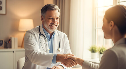 Obraz premium Doctor in white coat shaking hands with a patient in a bright office with lamp and plants visible