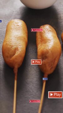 Play button appearing, overlays appearing over corn dogs, bowl revealing sauce, encouraging clicks