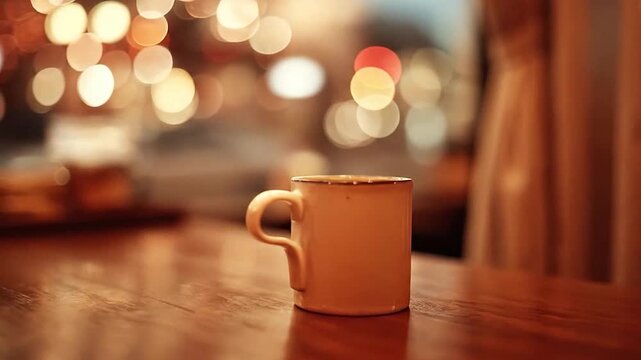 A warm ceramic mug sits on a polished wooden table with soft bokeh lights