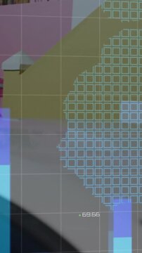 Vertical video: Two men viewing phone, man tapping and pointing, initiating tech HUD showing graphs