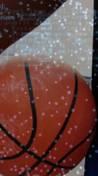 Camera panning, basketball shifting right while code particles floating for sports tech demo
