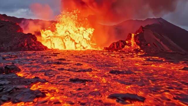 Volcanic Eruption Spewing Molten Lava And Smoke Into Sky