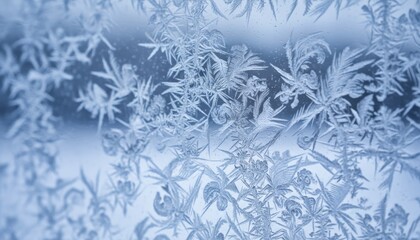 Obraz premium Intricate Frost Patterns On A Glass Windowpane Capturing The Essence Of Winter With A Cold Blue Background
