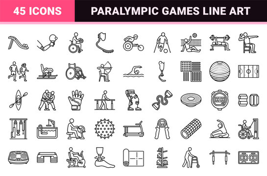 Adaptive Sports and Paralympic Games Monoline Symbol Set Featuring Wheelchair Racing Athletics and Disability Fitness Equipment Outlines