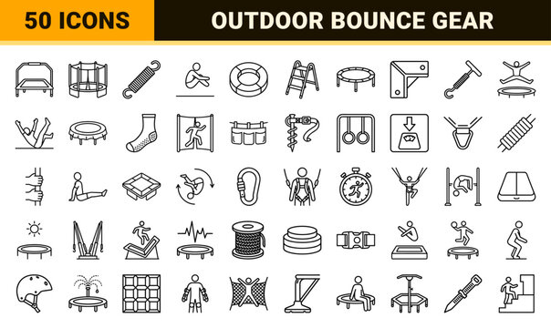 Trampoline and Bungee Jumping Outline Symbols for Fitness and Recreation, Minimalist Monoline Vector Set for Backyard Fun and Sports Gear.